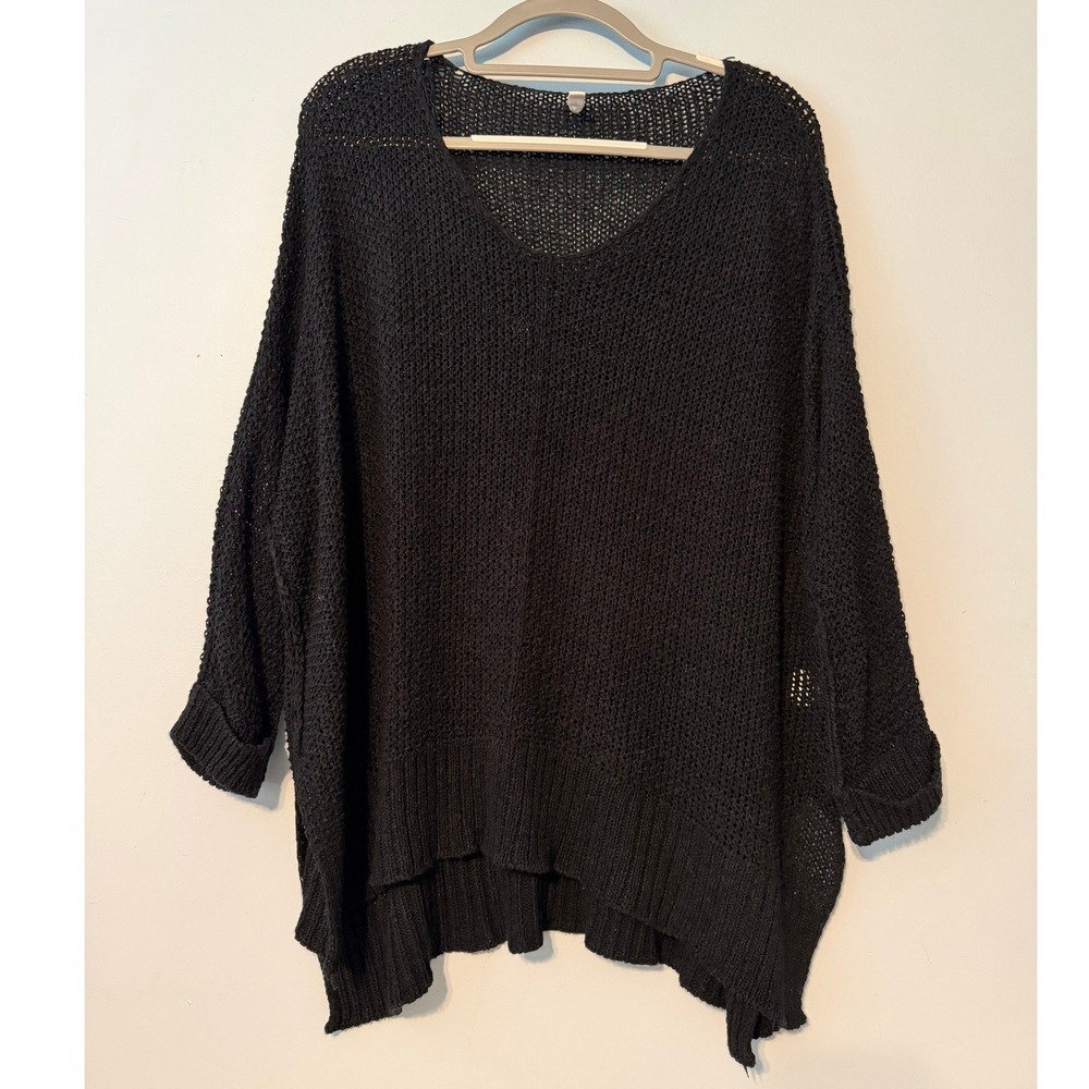 Wishlist M/L Black Oversized Open Knit V-Neck Sweater Dolman Sleeve 2108